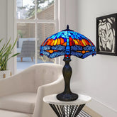 16 inch Handcrafted Stained Glass Tiffany Blue & Orange Dragonfly style Table lamp